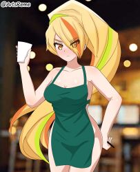 Rule 34 | 1girl, absurdres, apron, artsreme, bad id, bad pixiv id, blonde hair, blurry, blurry background, blush, breasts, cafe, cleavage, closed mouth, coffee cup, collarbone, cup, disposable cup, green apron, green hair, hair between eyes, highres, holding, holding pen, iced latte with breast milk (meme), indoors, large breasts, legs together, long hair, looking at viewer, meme, meme attire, multicolored hair, naked apron, nikaidou saki, orange eyes, orange hair, pen, ponytail, solo, standing, zombie land saga