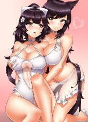 Rule 34 | 2girls, absurdres, animal ears, atago (azur lane), atago (summer march) (azur lane), azur lane, bikini, black hair, blush, bow, grabbing another&#039;s breast, breasts, brown eyes, cherry blossoms, cleavage, collarbone, competition swimsuit, derivative work, fox ears, grabbing, grabbing from behind, hair bow, hair ribbon, highres, kneeling, large breasts, long hair, multiple girls, navel, one-piece swimsuit, oooqqq, open mouth, ponytail, ribbon, see-through, sitting, smile, swimsuit, takao (azur lane), takao (beach rhapsody) (azur lane), white bikini, white one-piece swimsuit