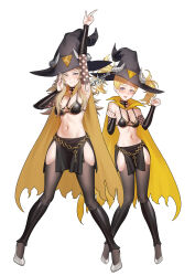Rule 34 | 2girls, bikini, bikini top only, black bikini, black skirt, blonde hair, breasts, cape, commission, cosplay, detached sleeves, elbow sleeves, fire emblem, fire emblem awakening, fire emblem fates, grandmother and granddaughter, hat, high heels, highres, large breasts, lissa (fire emblem), long hair, medium breasts, miniskirt, multiple girls, navel, nintendo, ophelia (fire emblem), shizuko hideyoshi, skirt, swimsuit, thighhighs, twintails, unicorn overlord, white heels, witch hat, yahna (cosplay), yahna (unicorn overlord), yellow cape