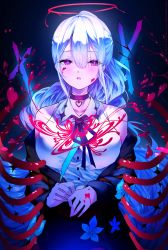 Rule 34 | 1girl, absurdres, black background, black jacket, blood, blood halo, blue flower, blush, breasts, collar, commentary, cross, eyelashes, facial mark, flower, gradient background, grey hair, halo, heart, heart-shaped pupils, highres, jacket, large breasts, liquid halo, long hair, looking to the side, off shoulder, original, ponytail, purple eyes, ribs, shirt, sleeveless, sleeveless shirt, solo, symbol-shaped pupils, tattoo, w (w64851564), white shirt