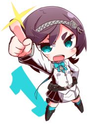 Rule 34 | 1girl, 7th dragon (series), 7th dragon iii, :d, aqua eyes, arm up, black footwear, blue bow, blue thighhighs, blue vest, blush, boots, bow, brown hair, chibi, collared shirt, commentary request, full body, grey hairband, grey shirt, hairband, jacket, knee boots, long sleeves, looking at viewer, naga u, open mouth, pointing, pointing up, round teeth, samurai (7th dragon), samurai (7th dragon iii), samurai (7th dragon), shirt, short eyebrows, simple background, skirt, smile, solo, standing, teeth, thick eyebrows, thighhighs, thighhighs under boots, upper teeth only, vest, white background, white jacket, white skirt, yaiba (7th dragon iii)