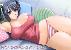 Rule 34 | 1girl, black hair, brown eyes, couch, fumi, kiso fumihiro, original, panties, pillow, solo, striped clothes, striped panties, tank top, text focus, twintails, underwear
