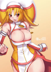 Rule 34 | 1girl, blonde hair, breasts, bursting breasts, cleavage, cleavage cutout, clothing cutout, cowboy shot, dated, detached sleeves, huge breasts, kei jiei, large breasts, open mouth, orange background, original, plump, ravioli, red eyes, simple background, solo, star (symbol)