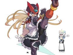Rule 34 | 2boys, absurdres, alternate costume, android, artist name, bi 51334, boxers, closed eyes, commentary, crossdressing, cyber elf x (mega man), english commentary, heart, highres, holding, holding sword, holding weapon, long hair, maid, male focus, male underwear, mega man (series), mega man zero (series), multiple boys, no headwear, own hands together, smile, spoken heart, sword, underwear, weapon, x (mega man), z saber, zero(z) (mega man), zero (mega man)
