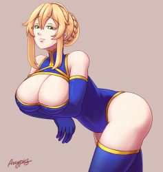 Rule 34 | 1girl, artoria pendragon (fate), artoria pendragon (lancer) (fate), azzypics, bent over, blonde hair, blue gloves, blue leotard, blue thighhighs, braid, breasts, cleavage, cleavage cutout, clothing cutout, elbow gloves, fate/grand order, fate (series), gloves, grabbing own breast, green eyes, hair bun, highleg, highleg leotard, highres, large breasts, leotard, looking at viewer, monochrome background, sidelocks, simple background, single hair bun, thighhighs, thighs