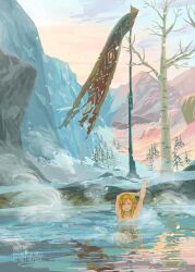 Rule 34 | 1boy, arms up, artist name, bare tree, birch tree, blonde hair, blush, closed eyes, closed mouth, cloud, collarbone, commentary request, dated, evening, flag, flagpole, gradient sky, hair between eyes, highres, in water, link, medium hair, mountain, nintendo, oim8n, onsen, outdoors, parted bangs, partially submerged, pointy ears, rock, scenery, sidelocks, sky, smile, snow, solo, steam, sunset, the legend of zelda, the legend of zelda: breath of the wild, tree, twitter username, water, watermark