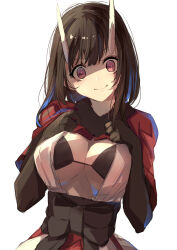 Rule 34 | 1girl, bikini, black bikini, black gloves, black hair, blunt bangs, breasts, capelet, closed mouth, commentary, dot nose, eriko (princess connect!), fur-trimmed capelet, fur trim, gloves, hands up, highres, large breasts, looking at viewer, medium hair, momiji oroshi, princess connect!, red capelet, red eyes, red pupils, shaded face, simple background, sketch, solo, swimsuit, underboob, upper body, white background, yandere