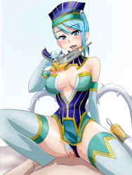 Rule 34 | 10s, 1boy, 1girl, blue hair, blue rose, breasts, censored, cleavage, cowgirl position, flower, girl on top, gun, hat, hetero, highres, karina lyle, looking at viewer, mosaic censoring, rose, sex, solo focus, straddling, tamo (nama-yatsuhashi), thighhighs, tiger &amp; bunny, vaginal, weapon