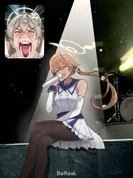 Rule 34 | 2girls, absurdres, black pantyhose, blue archive, blurry, closed eyes, concert, crossed legs, detached sleeves, drum, drum set, fan screaming at madison beer (meme), hair between eyes, halo, hifumi (blue archive), highres, holding, holding glowstick, holding microphone, hyuzky, idol, idol clothes, inset, instrument, light brown hair, long hair, low twintails, meme, microphone, mischievous straight uniform (blue archive), multiple girls, music, nagisa (blue archive), open mouth, pantyhose, photo background, screaming, singing, sitting, smile, twintails, wing hair ornament, yellow halo