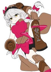 Rule 34 | 1girl, blonde hair, braid, brown scarf, fire emblem, fire emblem engage, flannel, framme (fire emblem), highres, knee guards, looking at viewer, multicolored hair, nintendo, pink hair, pucipumpkin, scarf, single braid, solo, split-color hair, wrist guards, yellow eyes