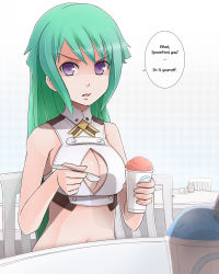 Rule 34 | 10s, 1980s (style), 1girl, alternate hair length, alternate hairstyle, aquarion (series), aquarion evol, bare shoulders, breasts, cameo, cleavage, cleavage cutout, clothing cutout, cup, english text, food, green hair, highres, large breasts, long hair, looking at viewer, navel, oldschool, polka dot, polka dot background, purple eyes, retro artstyle, shaved ice, solo, spoon, sunimu, tonari no totoro, totoro, zessica wong