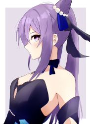 Rule 34 | 1girl, absurdres, bare shoulders, black dress, blue dress, blush, bow, bowtie, braid, dress, from side, genshin impact, hair ornament, highres, keqing (genshin impact), keqing (opulent splendor) (genshin impact), looking at viewer, multicolored clothes, multicolored dress, official alternate costume, revision, solo, upper body, yun (kbdenz9)