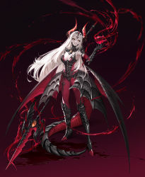 Rule 34 | 1girl, absurdres, armor, black eyes, black sclera, blood, breasts, cleavage, colored sclera, commentary, dragon girl, dragon horns, dragon tail, dragon wings, english commentary, full body, gradient background, grin, hemokinesis, highres, holding, holding polearm, holding weapon, horns, kalle21, lance, large breasts, looking at viewer, multiple wings, original, polearm, scale armor, shoulder armor, silver hair, slit pupils, smile, solo, tail, teeth, third eye, weapon, wings, yellow eyes