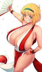 Rule 34 | 1girl, armpits, bare arms, bare shoulders, blonde hair, blue eyes, blush, breasts, cleavage, cosplay, folding fan, hairband, hand fan, hand on own hip, highres, hosokawa miki, huge breasts, japanese clothes, jigoku sensei nube, open clothes, pekoneko, pelvic curtain, shiranui mai, shiranui mai (cosplay), short hair, simple background, smile, solo, the king of fighters, white background