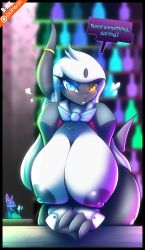 Rule 34 | 2girls, absol, absurdres, artist name, bar (place), black border, blue bow, blue eyes, blush, border, bow, breasts, breasts out, creatures (company), english text, female focus, furry, furry female, game freak, gen 3 pokemon, gen 4 pokemon, glowing, glowing eyes, half-closed eyes, heart, heterochromia, highres, horns, huge breasts, indoors, large areolae, leaning forward, logo, long hair, looking at viewer, lucario, multiple girls, nintendo, nipples, own hands together, patreon, patreon username, personification, pokemon, pokemon (creature), pokemon dppt, pokemon rse, r-mk, single horn, smile, speech bubble, standing, tail, talking, teeth, text focus, v arms, watermark, white hair, wrist cuffs, yellow eyes