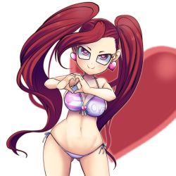 Rule 34 | 1girl, bikini, blush, boku no hero academia, breasts, cleavage, cowboy shot, earrings, front-tie bikini top, front-tie top, full body, gluteal fold, heart, heart hands, highres, jewelry, la brava, large breasts, long hair, looking at viewer, midriff, mikado ryouma, navel, purple eyes, red hair, short eyebrows, shortstack, side-tie bikini bottom, simple background, smile, solo, string bikini, swimsuit, thigh gap, thighs, twintails, very long hair, wide hips
