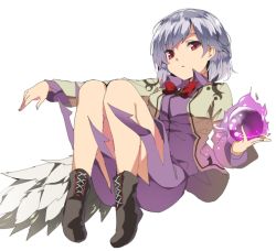 Rule 34 | 1girl, bad id, bad twitter id, boots, bow, bowtie, dress, full body, hasebe yuusaku, jacket, kishin sagume, long sleeves, looking at viewer, open mouth, purple dress, red eyes, short hair, silver hair, simple background, single wing, solo, touhou, white background, wings