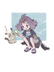 Rule 34 | 1girl, :q, acerola (pokemon), armlet, artist name, bad id, bad twitter id, closed mouth, creatures (company), dress, elite four, flipped hair, game freak, gen 7 pokemon, hair ornament, highres, holding, mimikyu, mozpoke, multicolored clothes, multicolored dress, nintendo, pokemon, pokemon (creature), pokemon sm, purple hair, sandals, short hair, squatting, stitches, tongue, tongue out, trial captain