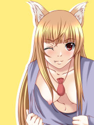 Rule 34 | 00s, 1girl, animal ears, bad id, bad pixiv id, breasts, brown hair, chiro, clothes pull, downblouse, fang, hanging breasts, holo, looking at viewer, nipple slip, nipples, one eye closed, red eyes, shirt pull, simple background, solo, spice and wolf, upper body, wink, wolf ears, yellow background