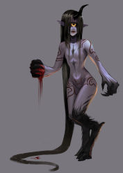 Rule 34 | 1girl, absurdly long hair, backlighting, black theme, blood, claws, colored skin, cyclops, full body, gino (gino h), grey background, highres, hooves, horns, legs, long hair, monster girl, nude, one-eyed, open mouth, original, paint, pointy ears, purple skin, simple background, single horn, smile, solo, standing, very long hair, yellow theme