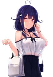 Rule 34 | 1girl, ahoge, armpit crease, bag, bare shoulders, black skirt, blue hair, blush, breasts, cai geng, closed mouth, collarbone, covered erect nipples, hair flaps, hair ornament, hair over shoulder, halterneck, hands up, kantai collection, large breasts, long hair, looking at viewer, low twintails, no bra, off-shoulder shirt, off shoulder, paper bag, pink eyes, pleated skirt, see-through, shirt, shirt tucked in, shoulder bag, sidelocks, simple background, skirt, smile, solo, standing, taigei (kancolle), twintails, upper body, whale hair ornament, white background, white shirt, wristband