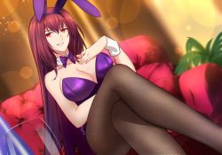 Rule 34 | 1girl, animal ears, blurry, blurry background, bow, bowtie, breasts, brown pantyhose, cleavage, collared shirt, commentary, couch, crossed legs, cup, depth of field, detached collar, drinking glass, dutch angle, fake animal ears, fate/grand order, fate (series), feet out of frame, gradient hair, hairband, hand on own chest, large breasts, lens flare, leotard, long hair, looking at viewer, multicolored hair, official alternate costume, pantyhose, plant, playboy bunny, potted plant, purple bow, purple bowtie, purple hair, purple leotard, rabbit ears, red eyes, red hair, scathach (fate), scathach (piercing bunny) (fate), shigure s, shirt, sitting, smile, solo, very long hair, wing collar, wrist cuffs