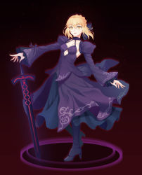 Rule 34 | 1girl, absurdres, artoria pendragon (all), artoria pendragon (fate), black bow, black footwear, black shirt, black skirt, black sleeves, blonde hair, boots, bow, excalibur morgan (fate), fate/stay night, fate (series), floating hair, formal, full body, hair between eyes, hair bow, hand on hilt, high heel boots, high heels, highres, long skirt, long sleeves, looking at viewer, parted lips, saber alter, shirt, short hair, shrug (clothing), sidelocks, skirt, skirt suit, sleeveless, sleeveless shirt, solo, standing, suit, yellow theme, yycaihuahua
