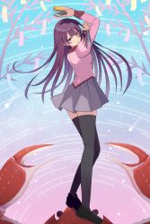 Rule 34 | 1girl, absurdres, arms up, bakemonogatari, black thighhighs, blue eyes, boxcutter, closed mouth, commentary request, crab, crab claw, from side, full body, gradient background, gum (vivid garden), head tilt, highres, holding, juliet sleeves, loafers, long hair, long sleeves, looking at viewer, miniskirt, monogatari (series), naoetsu high school uniform, pink shirt, pleated skirt, puffy sleeves, purple hair, purple skirt, school uniform, senjougahara hitagi, shadow, shirt, shoes, skirt, solo, stapler, stationery, thighhighs