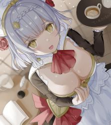 Rule 34 | 1girl, :d, absurdres, apron, arno (ft3014), blunt bangs, braid, breasts, cleavage, cup, dress, from above, genshin impact, grey hair, highres, large breasts, long sleeves, looking at viewer, maid, maid apron, noelle (genshin impact), open mouth, smile, solo, teacup, yellow eyes