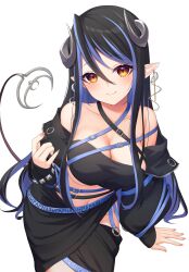 Rule 34 | 1girl, bad id, bad twitter id, bandeau, belt, black bandeau, black belt, black hair, black jacket, black skirt, blue belt, blue hair, blush, breasts, brown eyes, chest belt, cleavage, closed mouth, collarbone, commentary, cowboy shot, curled horns, demon girl, demon horns, demon tail, grey horns, hair between eyes, hebiyoi tier, hebiyoi tier (1st costume), highres, hip vent, horns, jacket, large breasts, long hair, long sleeves, looking at viewer, multicolored hair, nanashi inc., navel, nishino eri, off shoulder, open clothes, open jacket, pink nails, pointy ears, sidelocks, simple background, skirt, smile, solo, sugar lyric, symbol-only commentary, tail, two-tone hair, virtual youtuber, white background