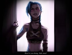 Rule 34 | 1girl, arcane: league of legends, arcane jinx, asymmetrical bangs, bare shoulders, braid, breasts, brown shirt, cloud tattoo, crop top, d (xxl30433461), elbow gloves, english text, fingerless gloves, gloves, grin, highres, jinx (league of legends), league of legends, nail polish, pink eyes, pink nails, shirt, small breasts, smile, solo, subtitled, teeth, twin braids, twintails