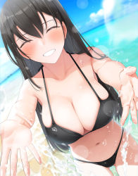 Rule 34 | 1girl, beach, bikini, black bikini, black hair, blue sky, breasts, cleavage, closed eyes, collarbone, day, fed (giba), gluteal fold, grin, large breasts, long hair, navel, ocean, original, outdoors, outstretched arms, parted lips, pov, sky, smile, solo, splashing, stomach, straight hair, swimsuit, teeth, water, wet