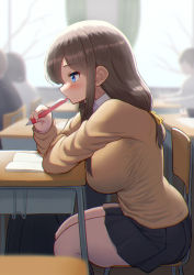 Rule 34 | 1girl, aikawa fuuri, black skirt, blue eyes, blurry, blurry background, blush, breasts, brown cardigan, brown hair, cardigan, chair, classroom, collared shirt, commentary request, desk, holding, holding pencil, indoors, large breasts, maku ro, notebook, original, pencil, pleated skirt, school chair, school desk, school uniform, shirt, sitting, skirt, solo, solo focus, thick thighs, thighs, white shirt