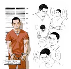 Rule 34 | 1boy, black eyeshadow, black hair, character age, character name, chengongzi123, closed mouth, commentary, contemporary, cowboy shot, cuffs, english commentary, english text, eyeshadow, facial hair, goatee stubble, golden kamuy, handcuffs, highres, looking at viewer, makeup, male focus, mugshot, multiple views, orange pants, orange shirt, pants, partially colored, prison clothes, scar, scar on arm, shirt, short hair, short sleeves, simple background, speech bubble, standing, stubble, translation request, tsukishima hajime, veins, very short hair, white background