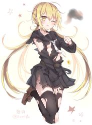 Rule 34 | 10s, 1girl, bad id, bad twitter id, black serafuku, black skirt, black thighhighs, blonde hair, blush, breasts, brown footwear, character name, collarbone, covering privates, covering crotch, full body, kantai collection, kneeling, loafers, long hair, long sleeves, looking at viewer, neckerchief, no bra, one eye closed, parted lips, pleated skirt, satsuki (kancolle), school uniform, serafuku, shijima (sjmr02), shoes, simple background, skirt, small breasts, smoke, solo, thighhighs, torn clothes, torn thighhighs, twintails, twitter username, underboob, white background, white neckerchief, wince, yellow eyes, zettai ryouiki