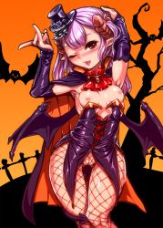 Rule 34 | 1girl, betoko, breasts, cape, cleft of venus, demon tail, elbow gloves, fishnet pantyhose, fishnets, gloves, halloween, harigane shinshi, hat, highres, horns, long hair, mini hat, mini top hat, nipples, one eye closed, original, pantyhose, pink hair, pointy ears, pussy, red eyes, small breasts, solo, tail, top hat, uncensored, wings