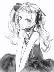 Rule 34 | 1girl, bad id, bad twitter id, bare arms, bare shoulders, blunt bangs, blush, dress, flat chest, frilled ribbon, frills, gothic lolita, greyscale, hair ribbon, highres, hololive, lolita fashion, long hair, looking at viewer, monochrome, murasaki shion, murasaki shion (gothic lolita), nanashi (nlo), ribbon, simple background, smile, solo, twintails, virtual youtuber, white background