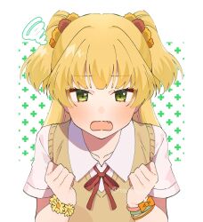 Rule 34 | 1girl, blonde hair, blush, cardigan vest, clenched hands, collared shirt, commentary request, fang, green eyes, highres, idolmaster, idolmaster cinderella girls, jougasaki rika, long hair, looking at viewer, open mouth, shirt, short sleeves, solo, squiggle, tenyako (mirasato24), two side up, upper body