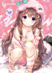 Rule 34 | 1girl, animal hat, arm up, azur lane, between legs, blue eyes, brown hair, camisole, cardigan, character name, chiyingzai, commentary request, convenient arm, convenient censoring, crescent, crescent hair ornament, dog tail, finger to mouth, fumizuki (azur lane), fumizuki (sleepy fairy) (azur lane), hair ornament, hand between legs, hat, heart, kneehighs, long hair, no pants, off shoulder, pillow, sitting, smile, socks, solo, spoken heart, strap slip, striped cardigan, striped clothes, striped socks, tail, white camisole