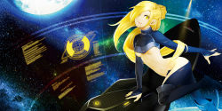 Rule 34 | 1girl, album cover, arched back, ass, blonde hair, bodysuit, boots, breasts, bridal gauntlets, cover, crotch plate, glowing, hair over one eye, hip focus, holographic interface, leg up, legs, light smile, lips, midriff, navel, original, outstretched arm, pilot chair, planet, poaro, revealing clothes, small breasts, solo, space, star (sky), texture, underboob, yellow eyes