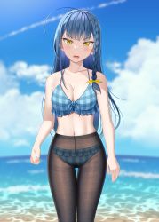 Rule 34 | 1girl, ahoge, bare arms, bare shoulders, bikini, bikini under clothes, black pantyhose, blue bikini, blue hair, blue sky, blurry, blurry background, braid, breasts, cleavage, cloud, cloudy sky, collarbone, commentary, day, depth of field, fine fabric emphasis, frilled bikini, frills, gurande (g-size), hair ribbon, highres, horizon, long hair, looking at viewer, medium breasts, navel, ocean, original, outdoors, pantyhose, plaid, plaid bikini, ribbon, single braid, sky, solo, swimsuit, thigh gap, thighband pantyhose, v-shaped eyebrows, very long hair, water, yellow eyes, yellow ribbon