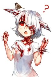 Rule 34 | 1girl, :o, ?, albino, androgynous, bird, blood, blood in hair, blood on clothes, blood on face, bracelet, guro, hair over one eye, has bad revision, has downscaled revision, highres, jewelry, kushizashi-chan, looking up, md5 mismatch, mikan (ama no hakoniwa), open mouth, original, red eyes, resolution mismatch, shirt, short hair, short sleeves, simple background, solo, source smaller, sparrow, spiked bracelet, spikes, stab, upper body, white background, white hair, white shirt