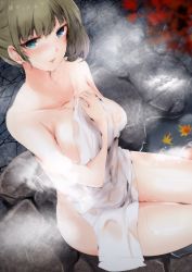 Rule 34 | 1girl, :d, blue eyes, blush, breasts, cleavage, collarbone, covering privates, green eyes, green hair, heterochromia, highres, holding, holding towel, idolmaster, idolmaster cinderella girls, looking at viewer, medium breasts, mole, mole under eye, naked towel, nude cover, onsen, open mouth, ryuu., short hair, sitting, smile, solo, steam, takagaki kaede, towel, wet