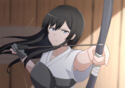 Rule 34 | 1girl, archery, arrow (projectile), black hair, blue eyes, bow (weapon), breasts, closed mouth, commentary, drawing bow, frown, gloves, hall onon, highres, holding, holding bow (weapon), holding weapon, incoming attack, japanese clothes, kuonji yui (hall onon), long bangs, long hair, looking at viewer, original, shirt, single glove, small breasts, solo, weapon, white shirt