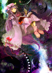 Rule 34 | 1girl, book, crescent, crescent moon, female focus, hat, long hair, moon, patchouli knowledge, purple eyes, purple hair, sherrybt, solo, touhou