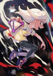 Rule 34 | 1girl, action, black leggings, blue footwear, diffraction spikes, from side, highres, sports sandals, holding, holding weapon, ink tank (splatoon), jumping, leggings, motion blur, nintendo, octoling, octoling girl, octoling player character, open mouth, print shirt, red eyes, sandals, shirt, short sleeves, smirk, solo, splat bomb (splatoon), splatoon (series), splatoon 2, suction cups, t-shirt, tentacle hair, weapon, white hair, white shirt, yamagishi chihiro