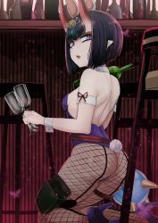 Rule 34 | 1girl, alternate costume, animal ears, b.d, bob cut, bottle, breasts, cup, detached collar, drinking glass, eyeliner, fake animal ears, fake tail, fate/grand order, fate (series), fishnet pantyhose, fishnets, headpiece, high heels, highres, holding, holding bottle, holding cup, horns, leotard, makeup, oni, pantyhose, playboy bunny, purple eyes, purple hair, purple leotard, purple pantyhose, rabbit ears, rabbit tail, short hair, shuten douji (fate), skin-covered horns, small breasts, solo, strapless, strapless leotard, tail, wrist cuffs