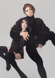 Rule 34 | 1boy, 1girl, ah yoshimizu, alternate costume, belt, black belt, black eyes, black footwear, black hair, black jacket, black pants, black shorts, black sweater, blue eyes, boots, brown hair, elbow on knee, final fantasy, final fantasy viii, grey background, hand on another&#039;s shoulder, hands on lap, head back, high ponytail, highres, invisible chair, jacket, knee up, leaning back, leaning on person, multicolored hair, pants, parted lips, red lips, rinoa heartilly, scar, scar on face, short hair, shorts, simple background, sitting, squall leonhart, streaked hair, sweater, thigh boots, thighhighs, turtleneck, zettai ryouiki