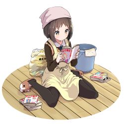 Rule 34 | 1girl, animal slippers, apron, argyle, argyle clothes, argyle sweater, bag, bang dream!, beige apron, black pantyhose, blue ribbon, blush, book, brown eyes, brown hair, brown shirt, brown sweater, bucket, closed mouth, collared shirt, commentary request, full body, hazawa tsugumi, head scarf, holding, holding book, long sleeves, looking away, open book, pantyhose, plastic bag, rag, reading, ribbon, shipii (jigglypuff), shirt, short hair, sitting, slippers, solo, sweater, wariza, water, wooden floor