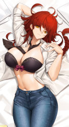 Rule 34 | 1girl, arm up, black bra, black necktie, blue pants, bow, bra, braid, breasts, chainsaw man, closed mouth, collared shirt, dakimakura (medium), denim, dress shirt, hand up, highres, jeans, large breasts, long hair, looking at viewer, lying, makima (chainsaw man), navel, necktie, on back, open clothes, open shirt, pants, purple bow, red hair, ringed eyes, shirt, solo, strapless, strapless bra, tony guisado, underwear, yellow eyes